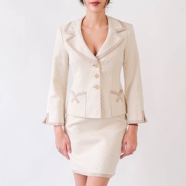 Vintage Nanette Lepore Cream Textured Diamond Mini Skirt Set w/ Cotton Ribbon Trim & Flower Buttons | Made in USA | 2000s Y2K Designer Suit 