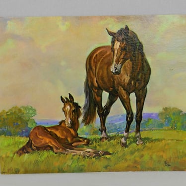 Vintage Horse Lithograph - Mare Foal Landscape - Thick Cardboard - 11