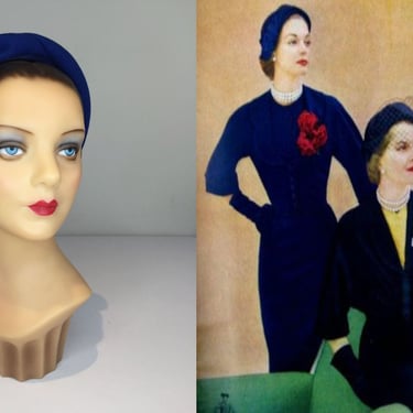 It Was All a Power Play - Vintage 1950s Royal Blue Wool Felt Sculpted Caplet Beret Hat 