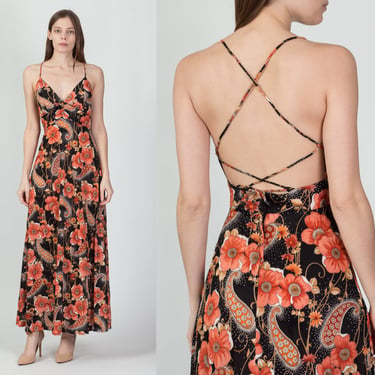 70s Boho Black Floral Backless Sundress - Small | Vintage Criss Cross Straps Flower Print Sleeveless Maxi Dress 