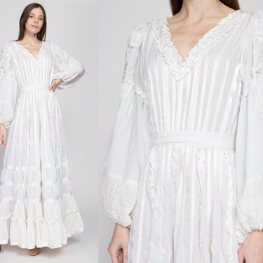 Small 70s White Prairie Wedding Dress | Vintage Balloon Sleeve Boho Maxi Bridal Gown 