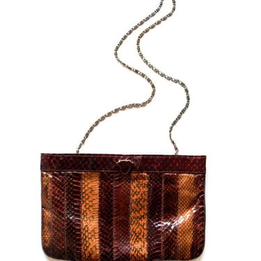 Vintage 70s Patchwork Snakeskin Shoulder Bag Clutch // Boho Glam Brown Striped Gold Chain Purse 