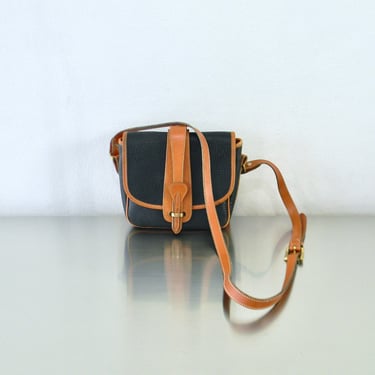Vintage Dooney & Bourke Dark Navy and British Tan Equestrian Binocular Bag, Refurbished 90s Small Flap Front Crossbody Bag, American Made 