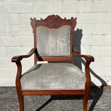 Antique Victorian  Armchair Chair French Provincial Boudoir Vanity Seating Bedroom Glam Shabby Chic Carved Wood Fabric Regency Bench Seat 