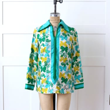 vintage 1960s 70s butterfly VERA tunic blouse • bright turquoise blue & green novelty print shirt 
