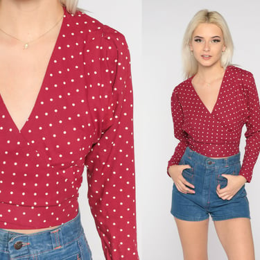 Polka Dot Blouse 70s Wrap Shirt Burgundy Red Crop Top Boho Summer Cropped Hippie Seventies Long Sleeve V Neck Party Vintage 1970s Small S 