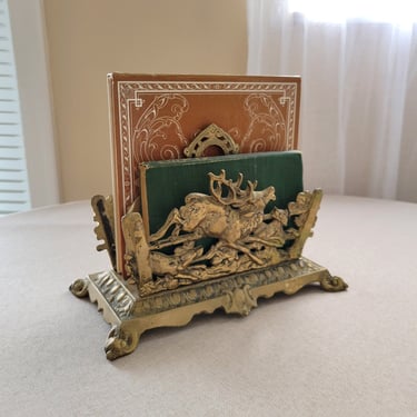 Bradley and Hubbard letter rack Ornate brass mail/napkin holder Collectible brass deer figurine Victorian home decor 