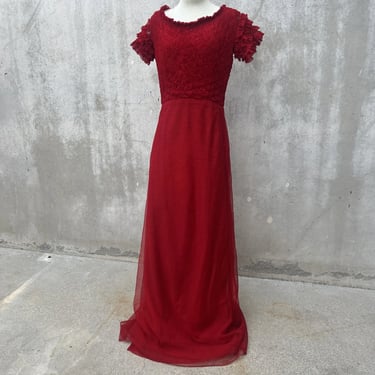 Vintage 1930s Red Mesh Cotton Net Maxi Dress Ruched Ruffles Sweetheart Bodice