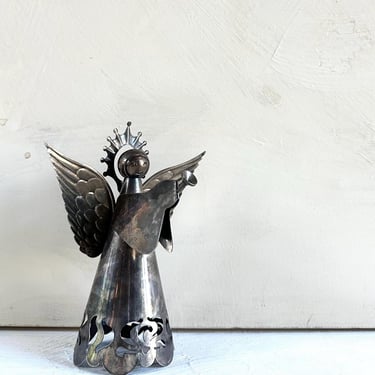 Vintage Silver Sculptural Angel, Angel with patina, tabletop vintage Christmas decor, antique holiday decor, Christmas silver, Vintage Angel 