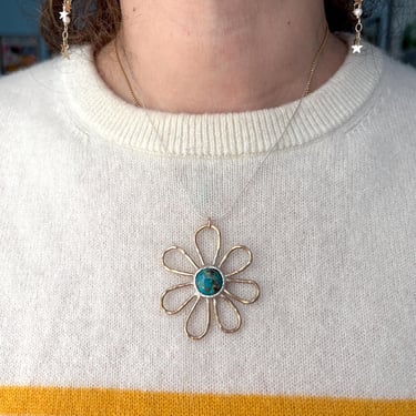 Chrysocolla Copper Daisy Pendant Handmade in Sterling Silver and 14k Goldfilled on 16