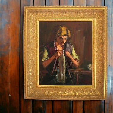 Postmodern Girl Knitting Portrait in Gold Leaf Frame, 1980s OOAK Oil Painting by Gyula Metyko 