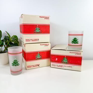 Vintage NOS Waechtersbach Viking Christmas Glass Tumbler Glasses & Box Sets of 4, Waechtersbach Christmas Tree Frosted Glasses, 12oz Tumbler 