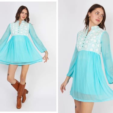 Vintage 1970 70s Aqua Blue Chiffon Long Sleeve Mini Dress w/ Daisy Crochet Bodice, Balloon Sleeves, Empire Waist 