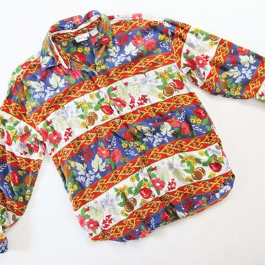 Vintage 90s Italian Print Fruit and Flowers Long Sleeve Button Up - 1990s Colorful Summer Italy Collared Casual Collared Top 