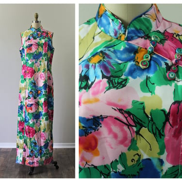 Vintage 1960s Watercolor Dynasty British Hong Kong Hostess Maxi Caftan Kimono Dress Ethnic UNWORN Amazing!! // US 8 10 M L 