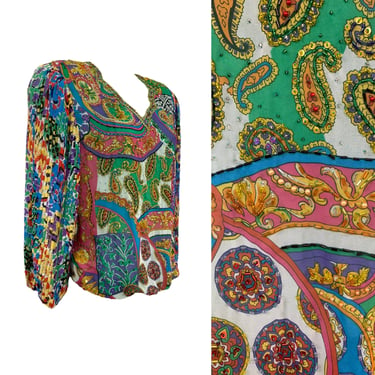 Vtg Vintage 1980s 80s Designer Diane Freis Paisley Print Sequin Bright Blouse 