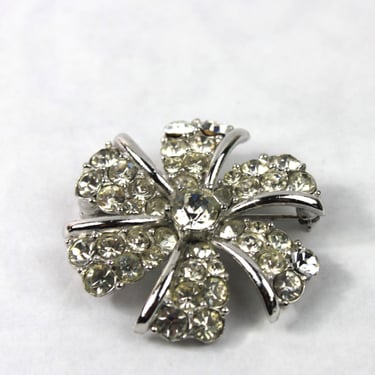 Henry Bogoff Rhinestone Flower Brooch Pin Rhodium Plate 