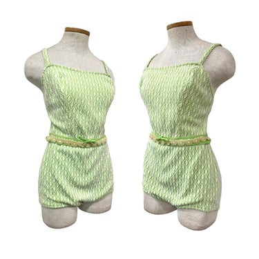 Vtg 50s 60s 1950s RARE Teen Catalina Knit Chartreuse Green Playsuit Swimsuit 