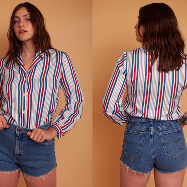 Vintage 70s Americana Red White & Blue Striped Button Up Blouse 