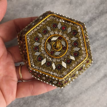 Vintage Handmade Gold Glitter Jewels Hexagon Trinket Jewelry Gift Box 