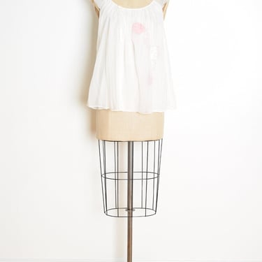 vintage 60s nightie top white pink chiffon applique babydoll shirt lingerie M/L clothing 