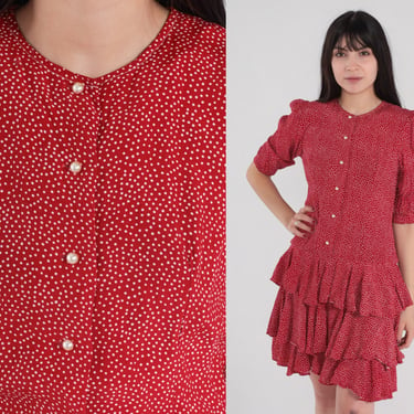 Red Flounce Dress 80s 90s Polka Dot Mini Dress Pearl Button Up Puff Sleeve Ruffle Tiered Low Drop Waist Retro Cute Vintage 1990s Small S 