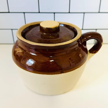 Antique Single Handle Bean Pot, Brown and White Lidded Pot, Vintage Crock Pot, Utensil Crock, Farmhouse Primitive, Farmhouse Kitchen Decor 