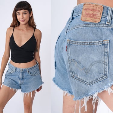 Levis 550 Jean Shorts Y2K Blue Denim Cutoff Shorts Mid Rise Raw Edge Levi Strauss High Rise Mom Frayed Cut Off Boho Vintage 00s Men's 34 