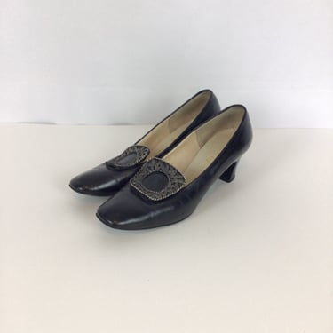 Vintage 50s pumps | Vintage black leather high heel shoes | 1950's Socialites buckle  shoes 