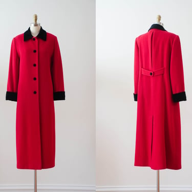 red wool coat | 80s 90s vintage Preston & York bright red black velvet heavy warm long wool coat 