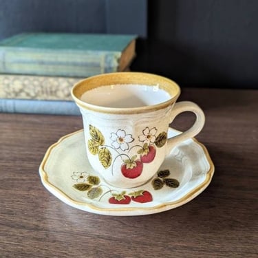 1970's Mikasa Strawberry Festival Teacup and Saucer, Vintage Strawberry Mug, Strawberry Ceramics 