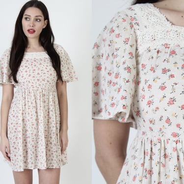 Dusty Rose Calico Floral Dress, 70's Loose Fitting Flutter Sleeves, Crochet Prairie Off White Mini Sundress 