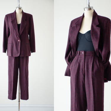 plaid wool suit | 80s 90s vintage burgundy green plaid checkered dark academia high waisted pants trousers blazer 