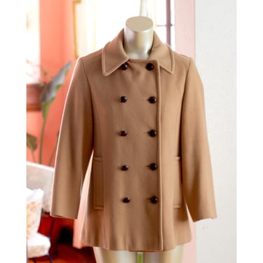 Vintage Fitted Wool Peacoat - LL Bean - Double Breasted Leather Buttons - Tan Camel Coat - Fall, Winter - Overcoat PRO CLEANED 