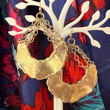 Statement Brutalist Earrings, Dangle Drop, Sculptural, Artsy, Chain Detail, Gold Tone, Vintage 