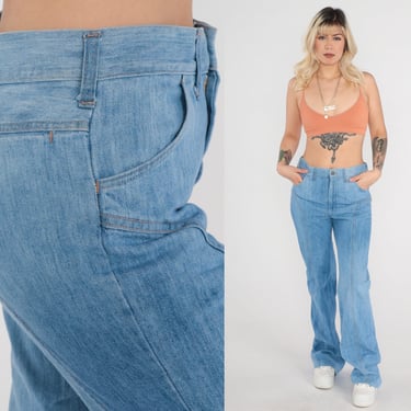 Denim Bell Bottoms Jeans -- 70s Saddleback Flared Denim Pants High Waisted Jeans 1970s Vintage Hippie Boho Blue Jean Men's Medium 32 