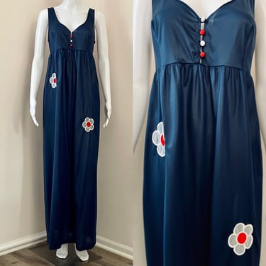 Nightgown in Midnight Blue with Embroidered Flower Appliques in Red and White Retro 1970’s 