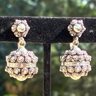 Vintage Sterling Silver Midcentury Atomic Sputnik Studded Round Globe Dangle Screw Back Earrings 