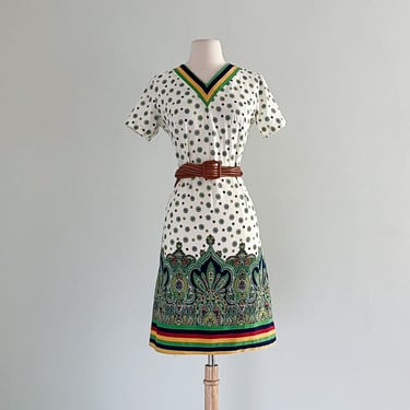 1960's Paisley Rainbow Border Print Cotton Dress / Sz M
