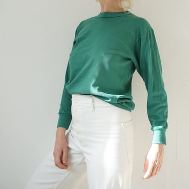 Vintage Kelly Green Cotton Thermal | Green Crew Neck Long Sleeve Shirt | Perfect Layer Top 