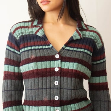 1990s French Connection Striped Cardigan With Visible Mending 