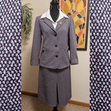 Vintage 1970s Purple & White Speckle Polyester Suit with Matching Skirt and Blazer 