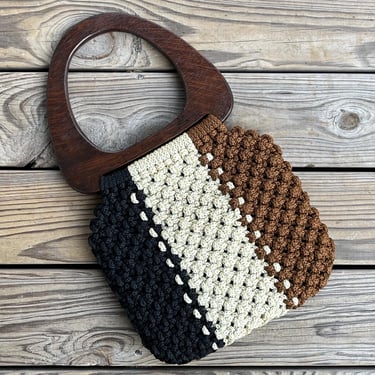 vintage boho macrame purse 1970s wood handle earthy tote hippie handbag 