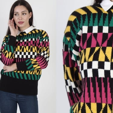 Vintage 80s Striped Geometric Colorblock Preppy Knit Sweater 