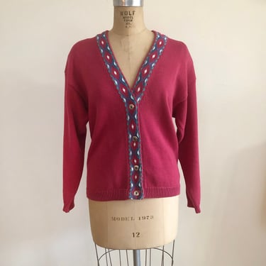 Light Red Cardigan Sweater with Colorwork Placket - 1980s 