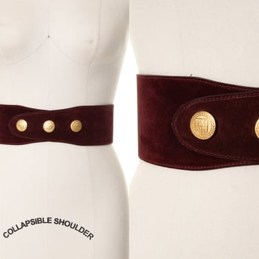 Vintage 1980s Cinch Belt | 80s Suede Dark Burgundy Red Coat of Arms Button Snaps Adjustable High Waisted Wide Belt (small/medium) 