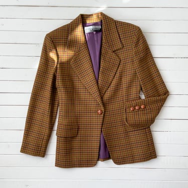 plaid wool jacket | 80s 90s vintage Linda Allard Ellen Tracy orange plaid checkered dark academia nipped waist blazer 