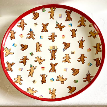 Tiffany & Co large cake plate of dancing birthday bears, fun, whimsy‘s with hats, colorful cakes, a plate full of bears~Collectible Tiffany 