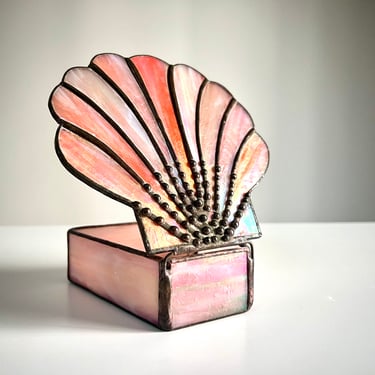 Iridescent Pink and Peach Stained Glass Shell Shaped Trinket Box 