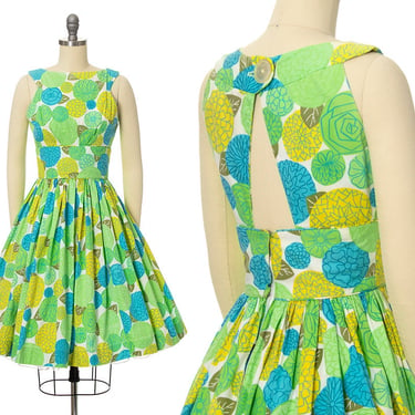 Vintage 1950s 1960s Sundress | 50s 60s Floral Printed Open Back Cotton Green Blue Fit and Flare Day Dress (x-small) 